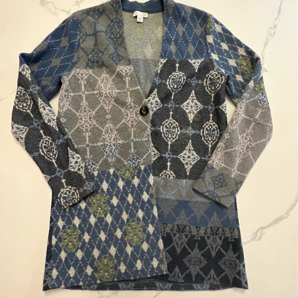 J.Jill Womens Xtra Small Long Single Button Cardigan Patchwork Argyle blue